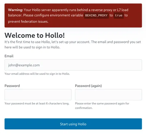 The warning message seen on Hollo's setup page.