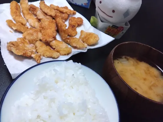 揚げ焼きささみとごはんと味噌汁、おなかぺこぺこのバニちゃん