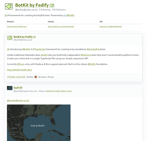 The profile page of @botkit@hollo.social with a lime color.